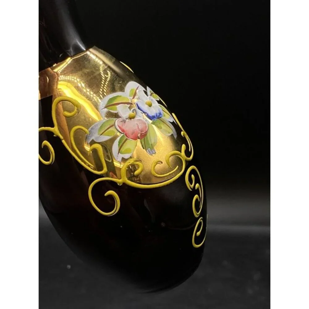 Bohemian Amethyst Purple Glass Vase Enamel Flowers with 24k Gold Vintage 6.25”